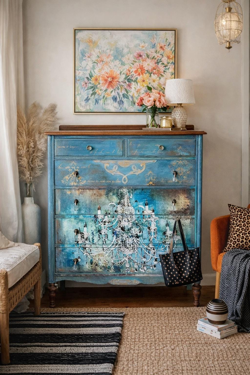 Antique Blue Dresser: Hand-painted and Decoupaged Chandelier Design, French  Country Style - Etsy