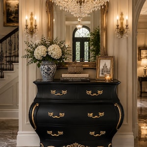 Hand-painted Black Bombe Dresser: Vintage Gold Leaf Accent Chest
