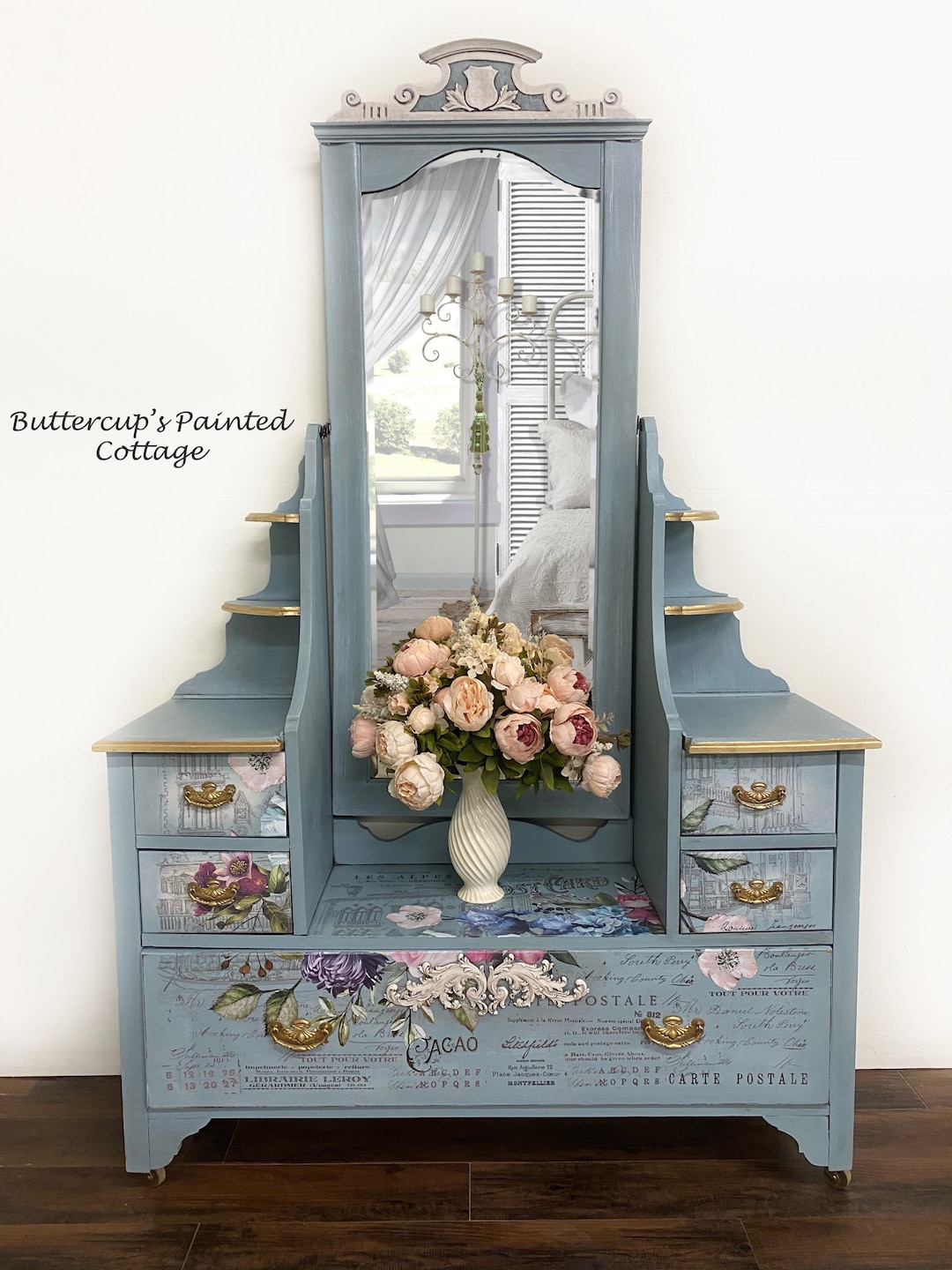 Painted Antique Vanity With Mirror, Blue Dressing Table, Metallic and