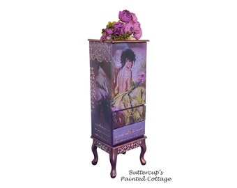 Purple painted tall jewelry box armoire, standing necklace storage cabinet, handpainted, unique gift for her, romantic valentine, boudoir