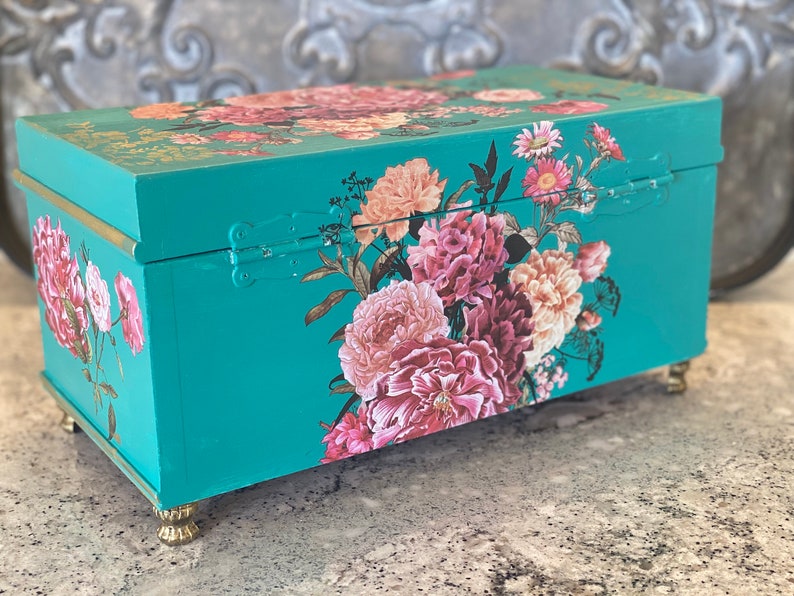 Turquoise Painted Jewelry Box With and Burgandy Floral Etsy