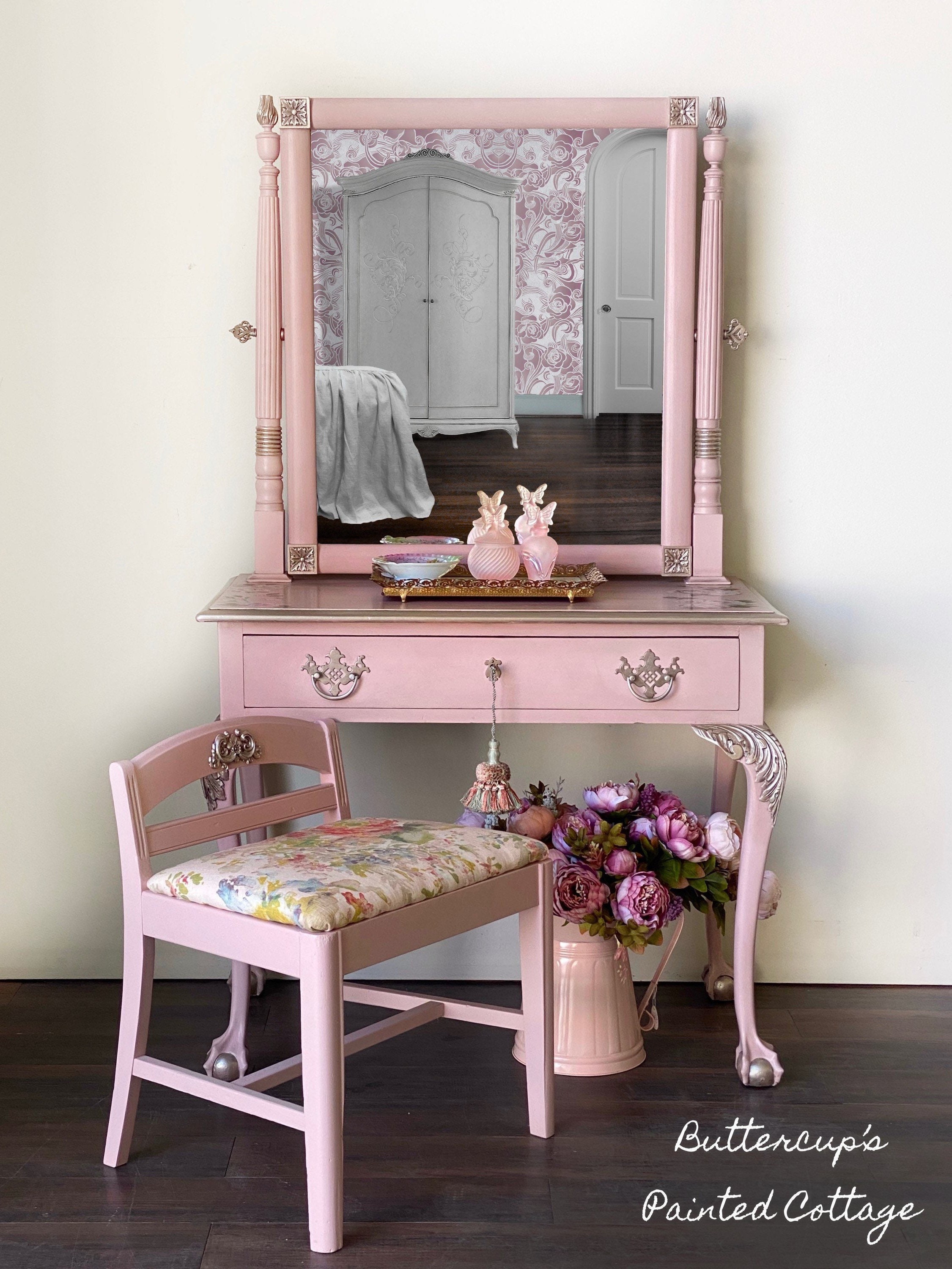 Painted Pink Vanity Mirror and Bench Antique Vanity Dressing