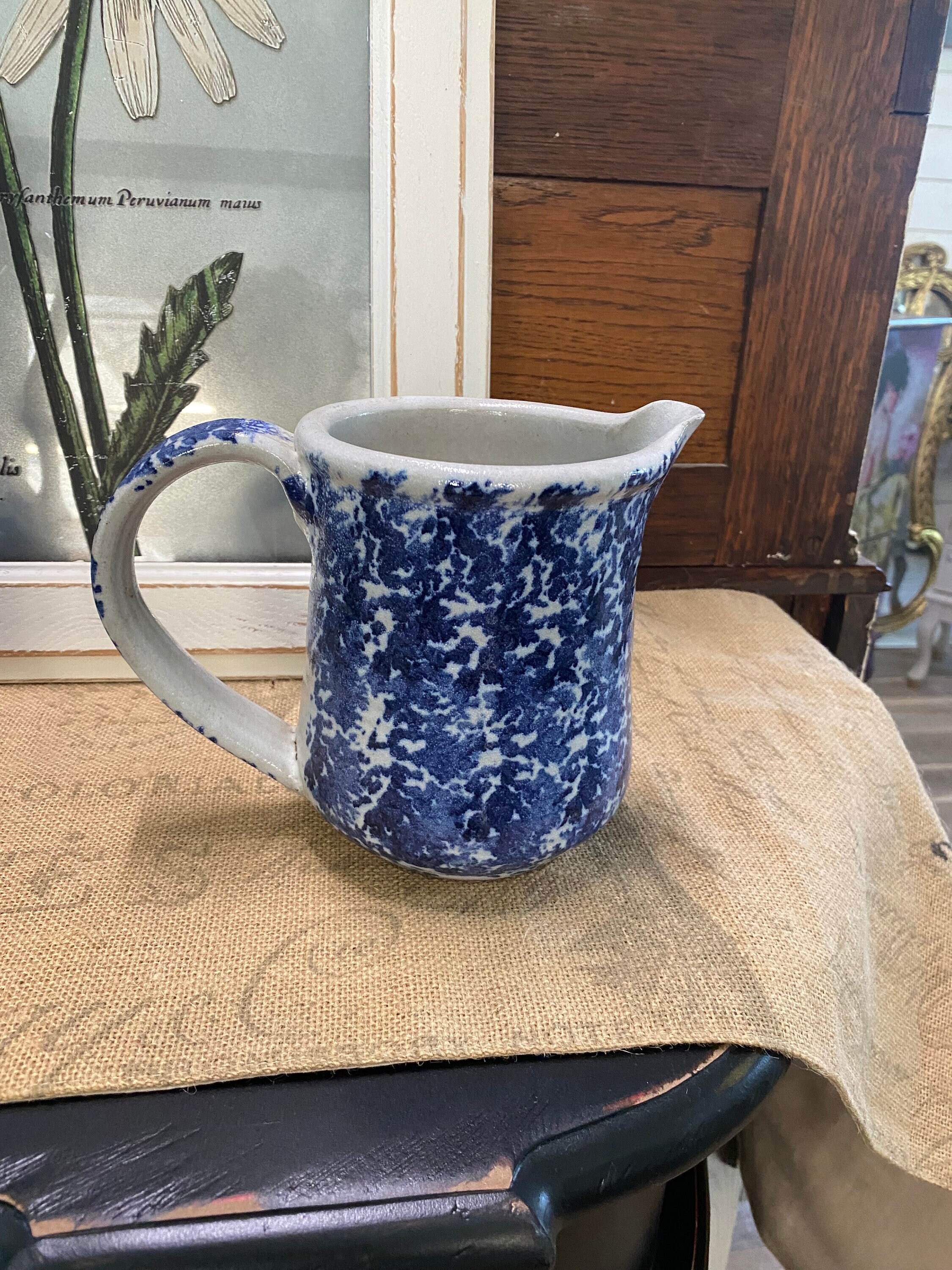 Blue and White Spongeware Pottery Pitcher, Made in USA, Hand Thrown ...