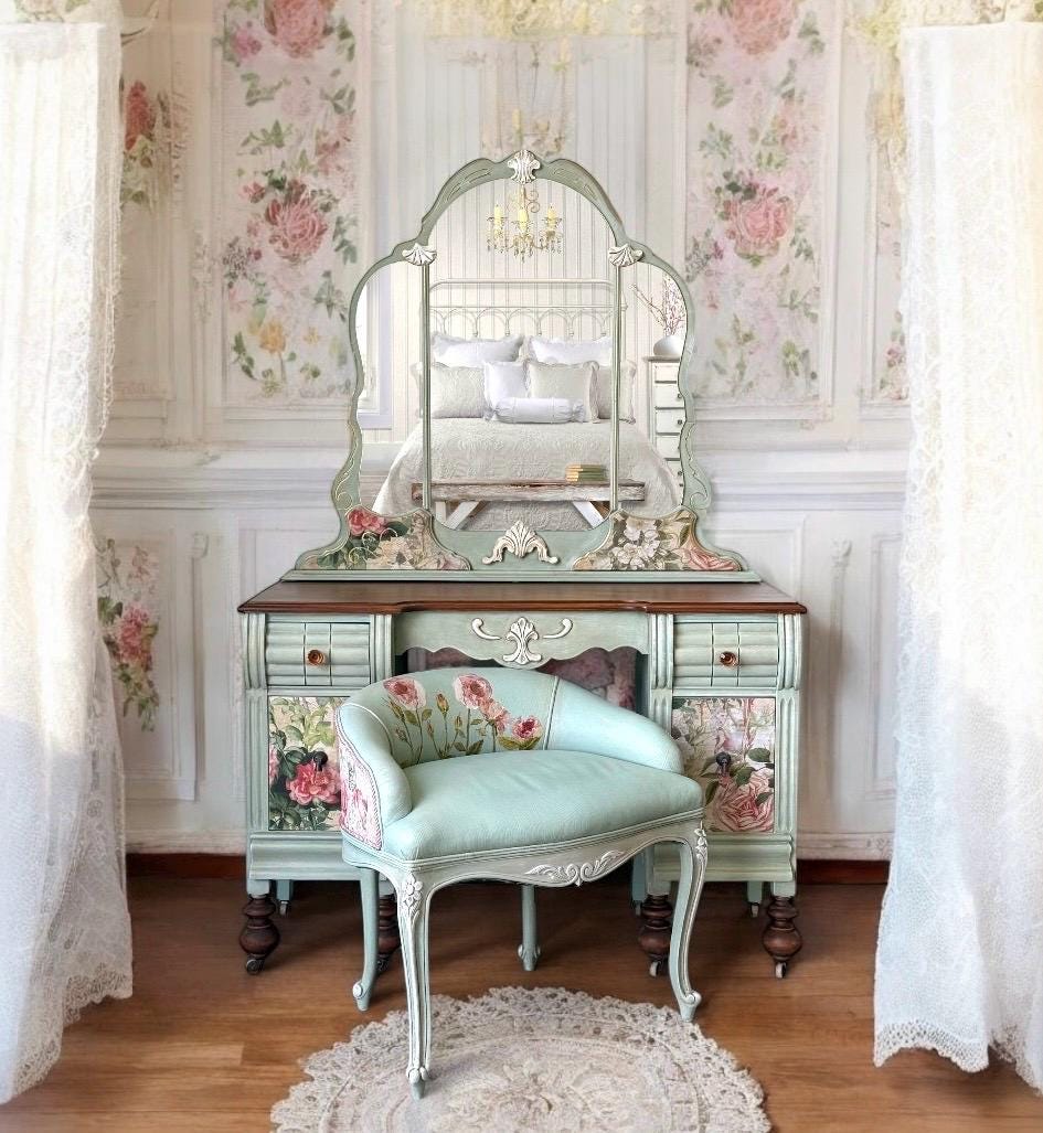 sage green dressing table Antique Vanity Set: Decoupaged and Painted Boudoir Furniture cap-sleeves
