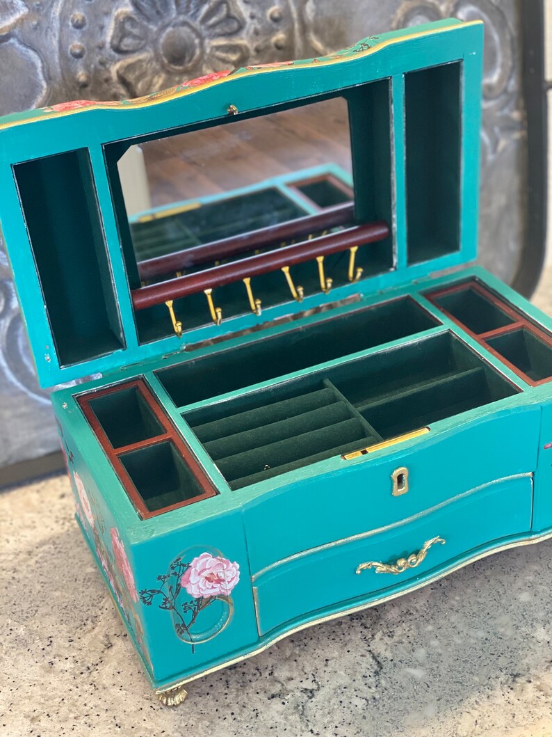 Turquoise Painted Jewelry Box With and Burgandy Floral Etsy