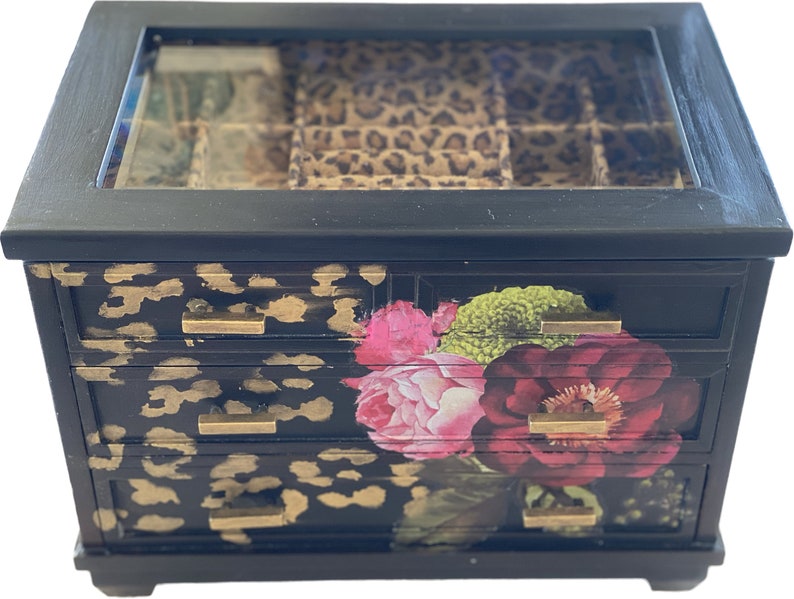 Floral Black Painted Jewelry Box: Leopard Print Lining, Glass Top - Etsy