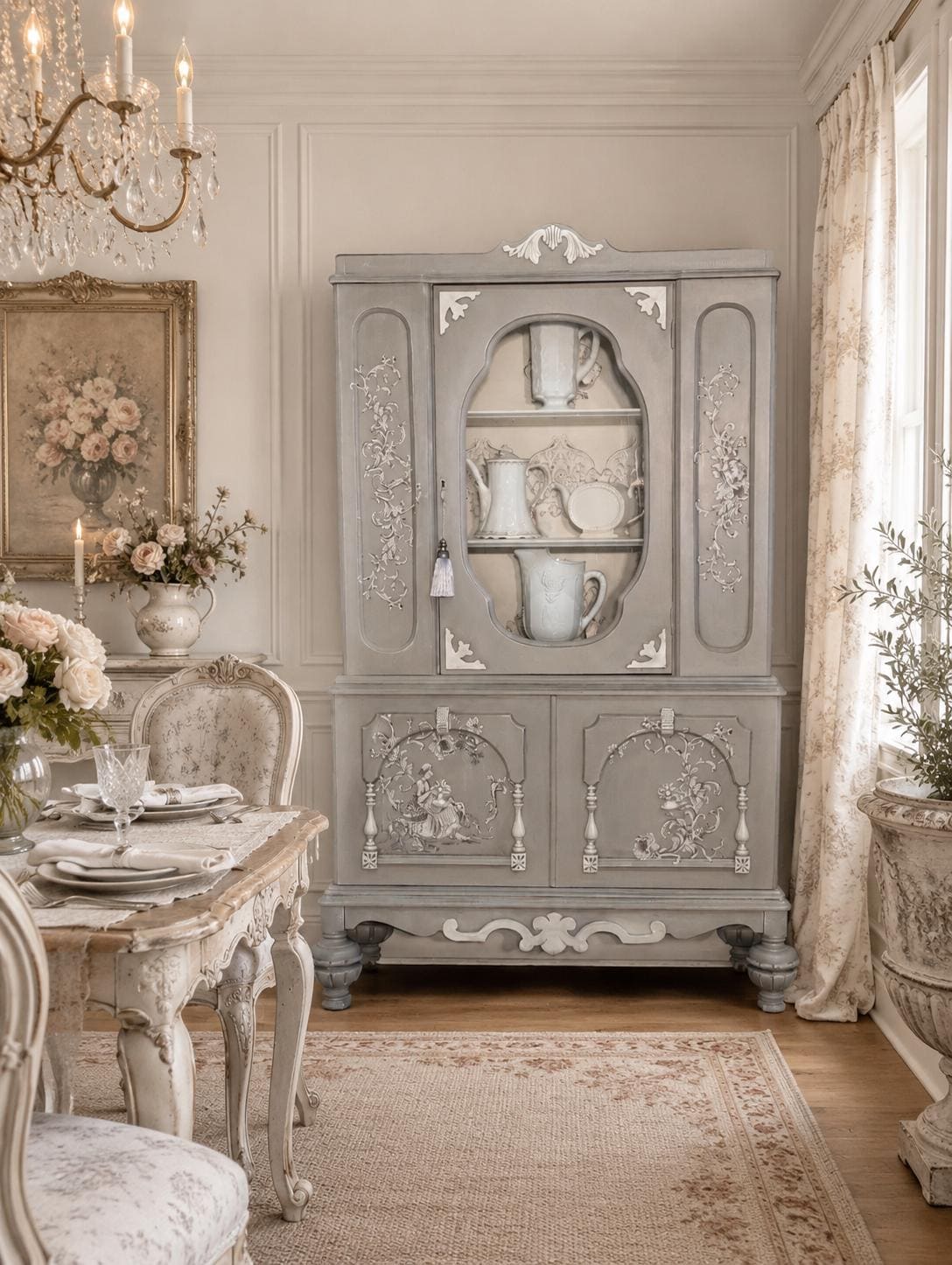 Antique Jacobean China Cabinet: Nuetral Toile Painted Display