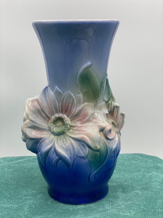 Vintage Royal Copley Blue Tall Vase With Beautiful Floral Etsy