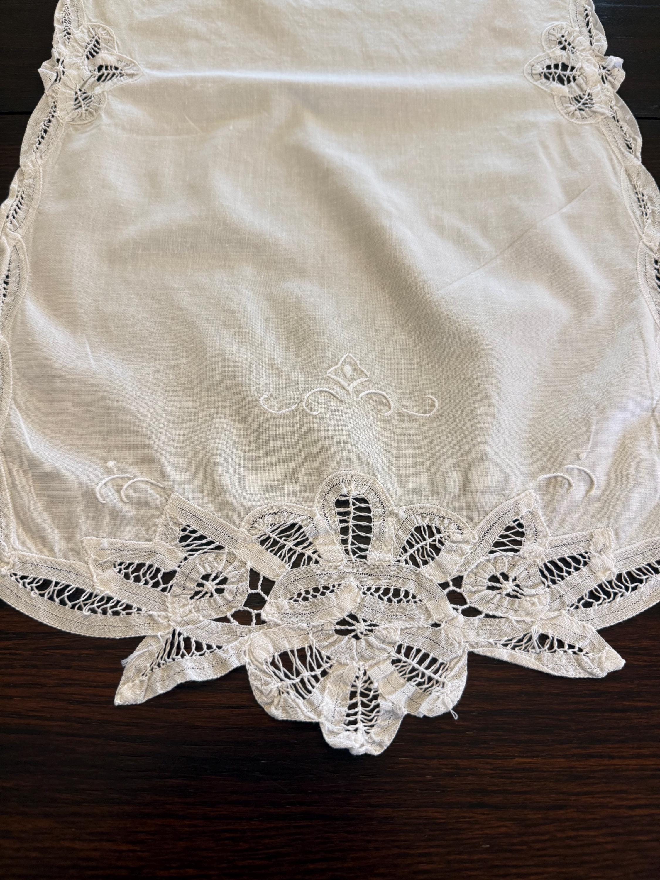 Vintage White Linen Table Runner Dresser Scarf With Embroidery and ...