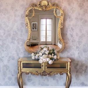 Vintage Gilded Rococo Console Table & Mirror Set, French Foyer Display, Bridgerton furniture