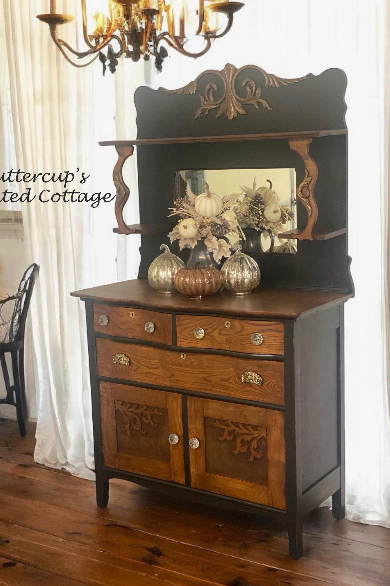 Antique Tiger Oak Buffet: Refinished Black Painted Sideboard