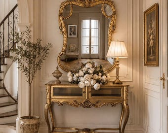 RESERVED for Jorge Glnz - Vintage Gilded Rococo Console Table & Mirror Set, French Foyer Display, Bridgerton furniture