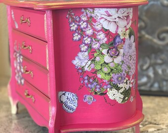 Hot Pink painted jewelry box with lavender flowers and butterflies, 4 drawer jewelry storage, music box, gift for her, unique gift