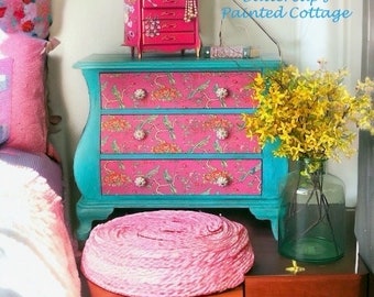 Turquoise and Pink Bombe style three drawer Dresser, bedroom furniture, Boho Chic embellished refinished furniture, chest of drawers