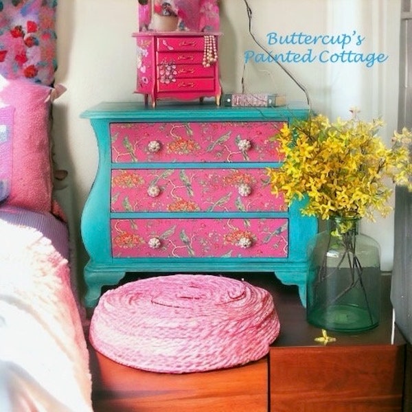 Turquoise and Pink Bombe style three drawer Dresser, bedroom furniture, Boho Chic embellished refinished furniture, chest of drawers