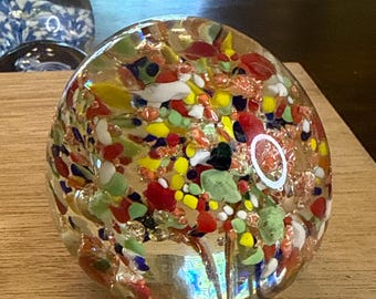 Vintage Handblown Art Glass Millefiori confetti  design paperweight with clear glass and bubbles