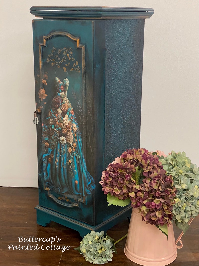 Dark Teal Painted Tall Jewelry Armoire With Ball Gown, Jewelry Stand, Jewelry and Necklace