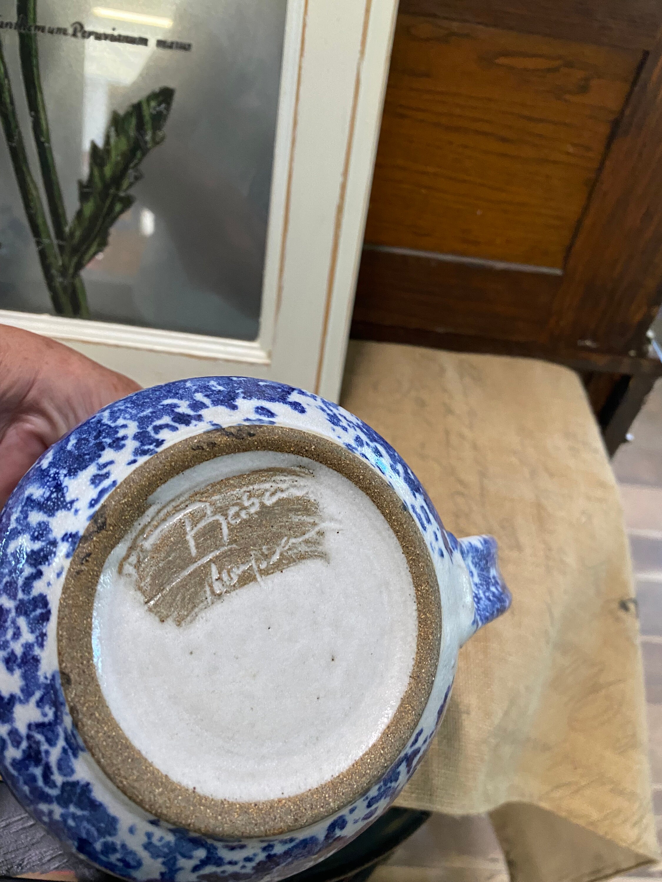 Blue and White Spongeware Pottery Pitcher, Made in USA, Hand Thrown ...