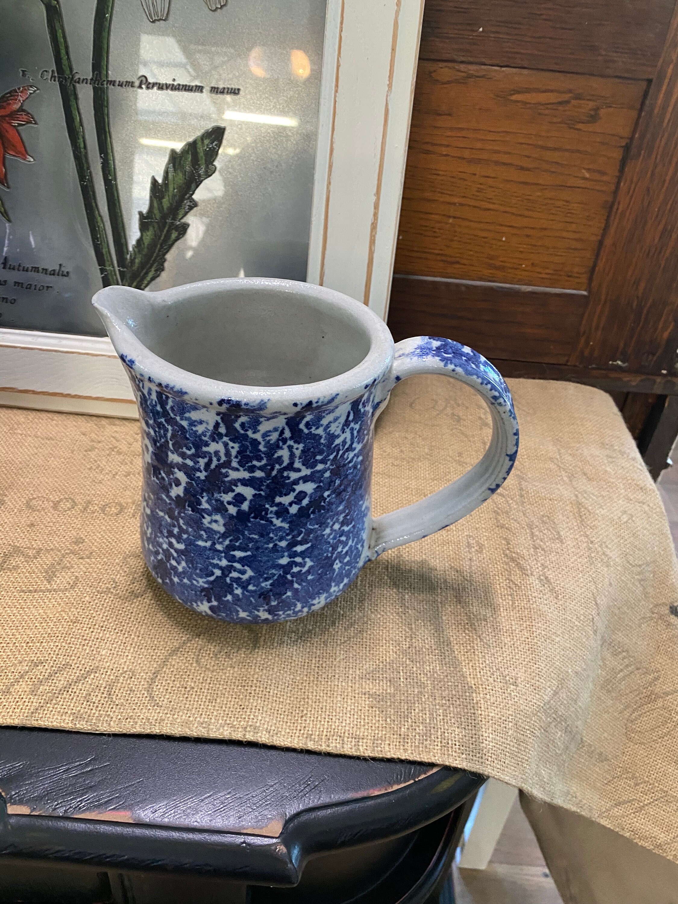 Blue and White Spongeware Pottery Pitcher, Made in USA, Hand Thrown ...