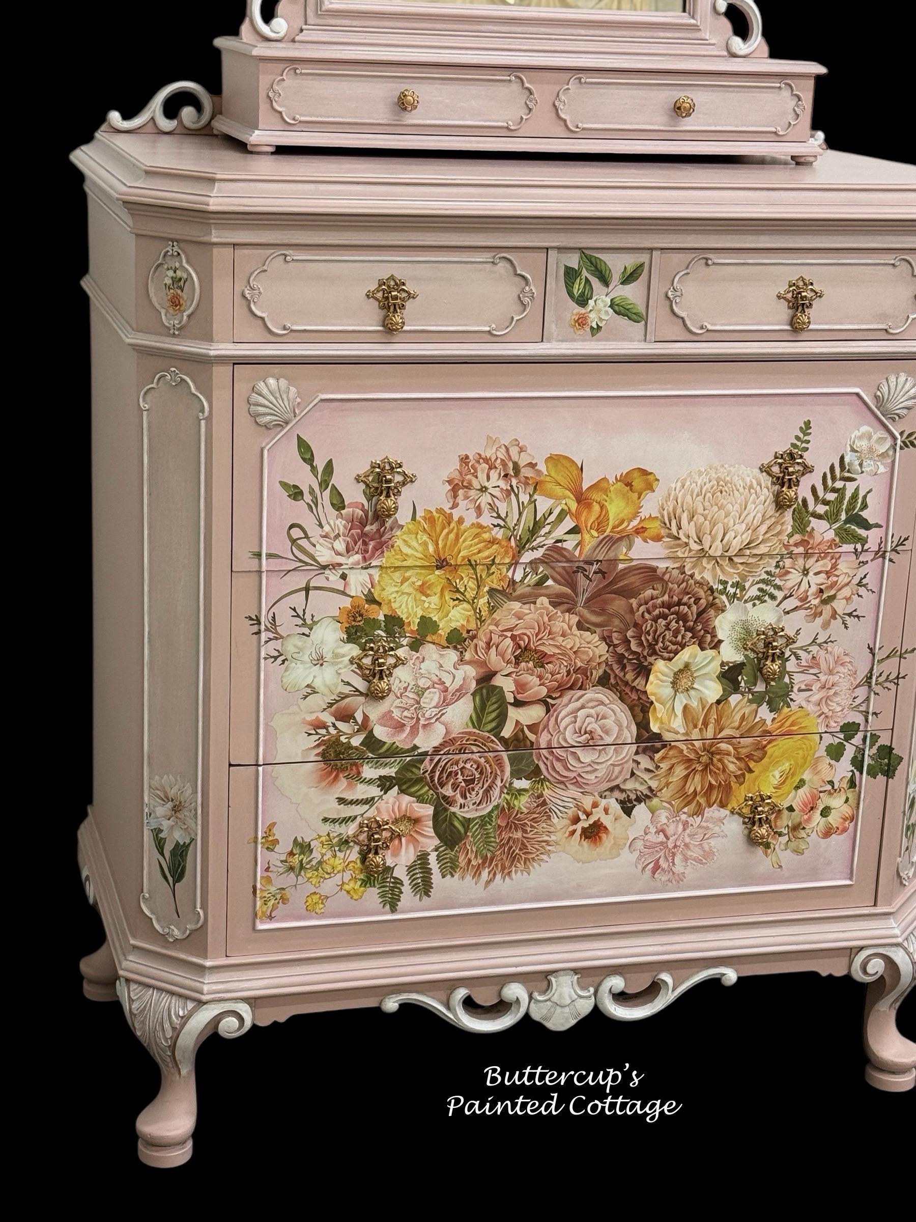 Antique Pink Floral Dresser With Mirror: French Country Shabby Chic - Etsy