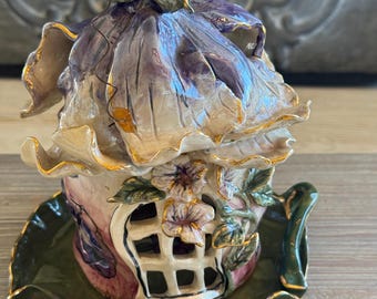 BlueSky Clayworks Eggplant Cottage by Heather Goldminc, ceramic house with whimsical design for tea light burner, luminary,