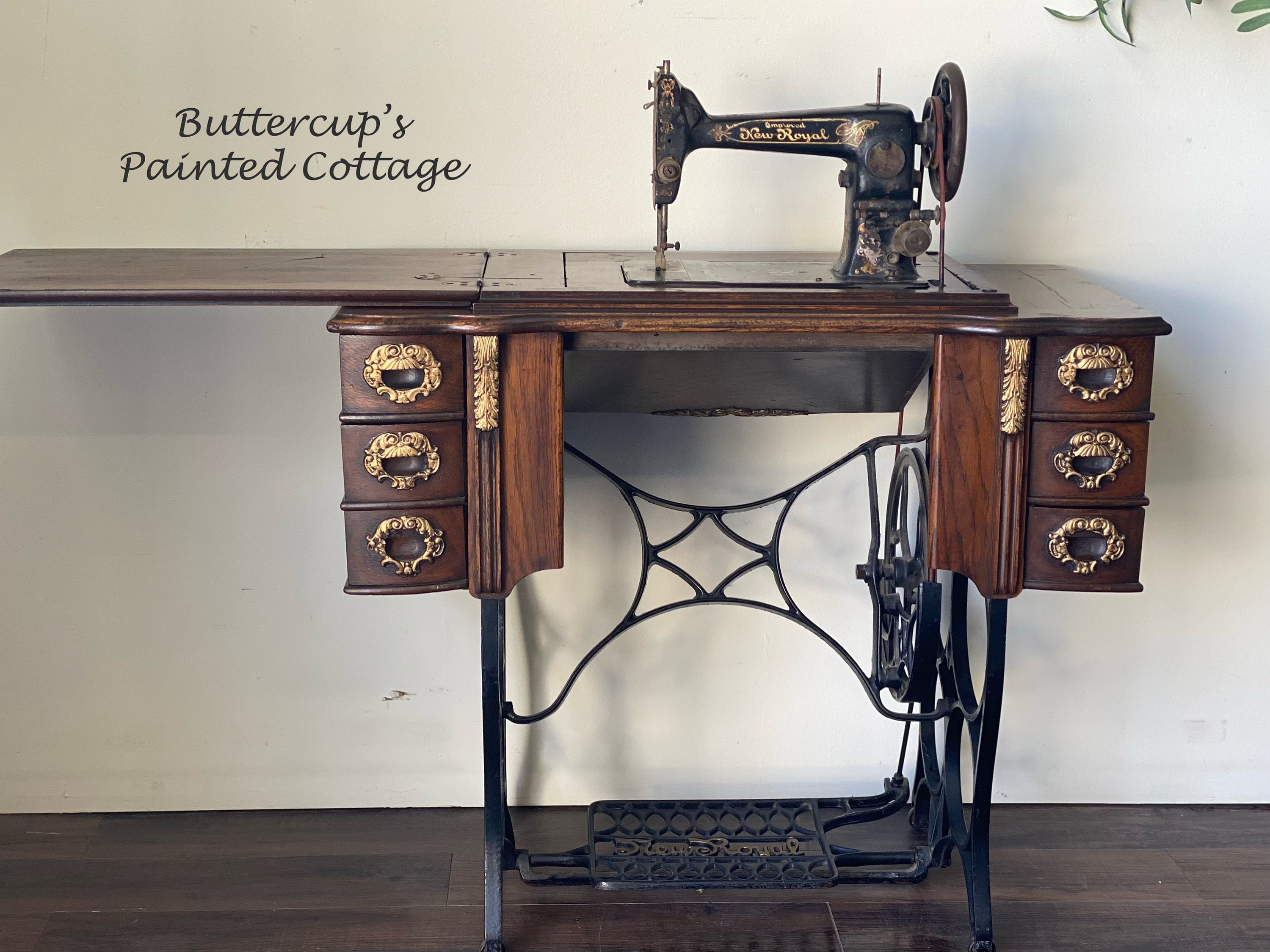 Antique New Royal Treadle Sewing Machine in Cabinet With Drawers