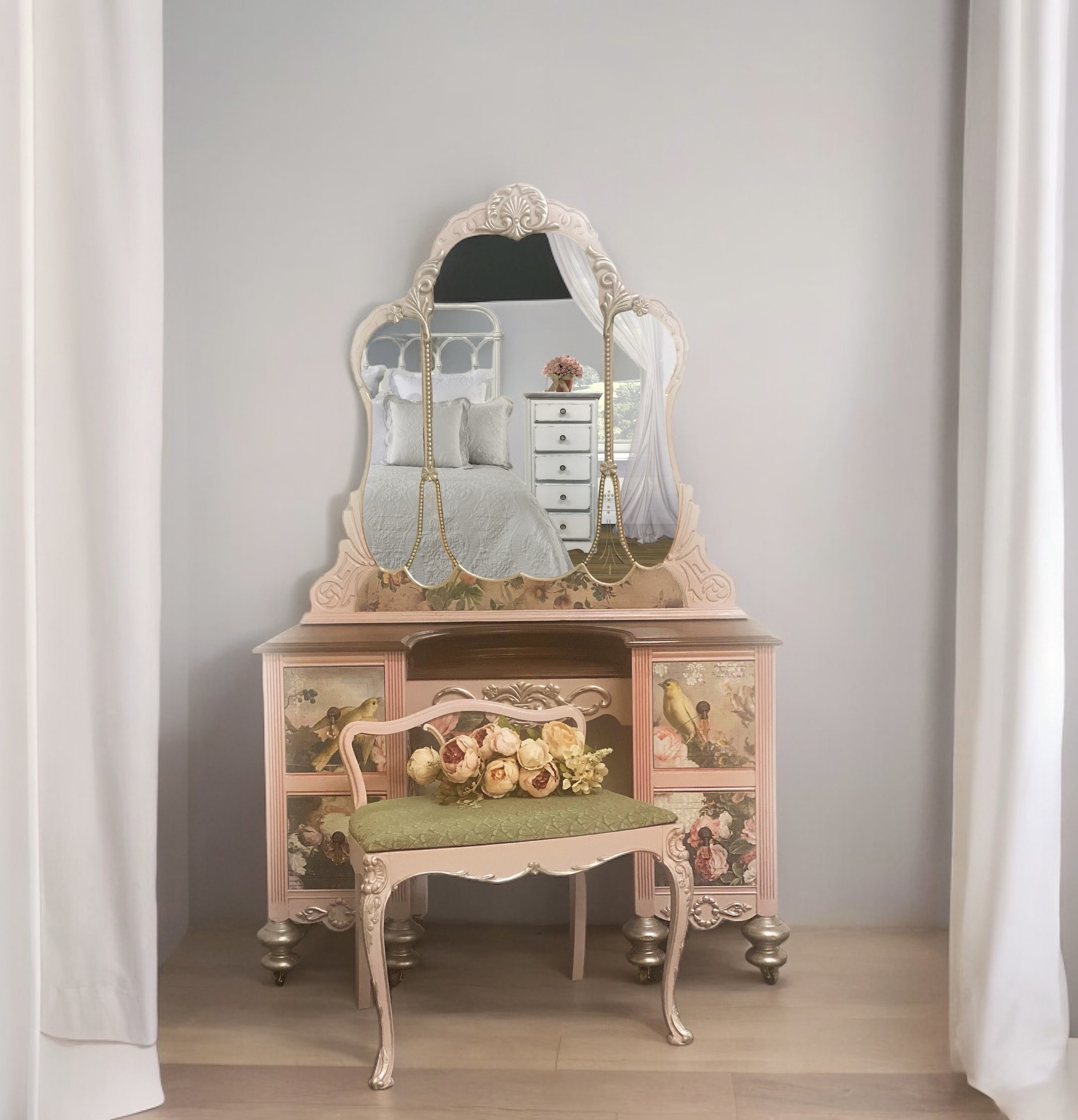 Painted Pink Vanity, Mirror and Bench, Antique Victorian Vanity