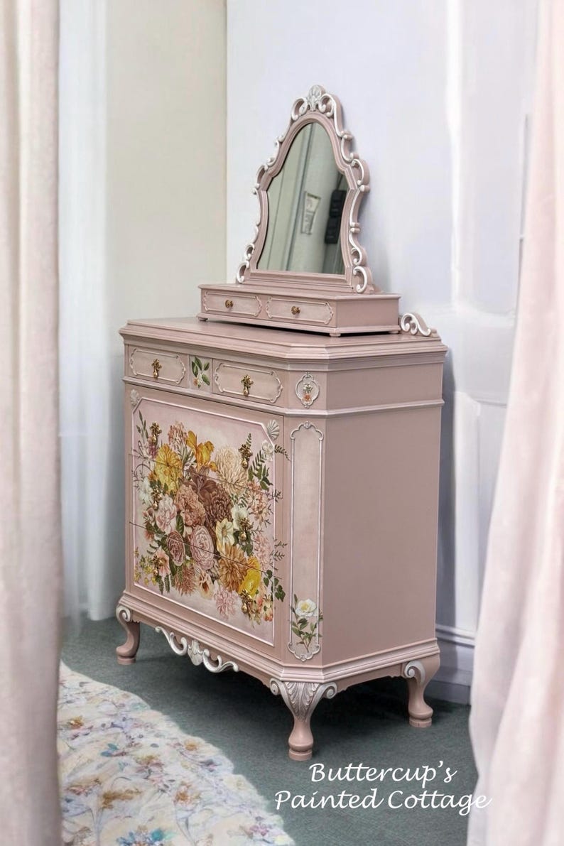 Antique Pink Floral Dresser With Mirror: French Country Shabby Chic ...