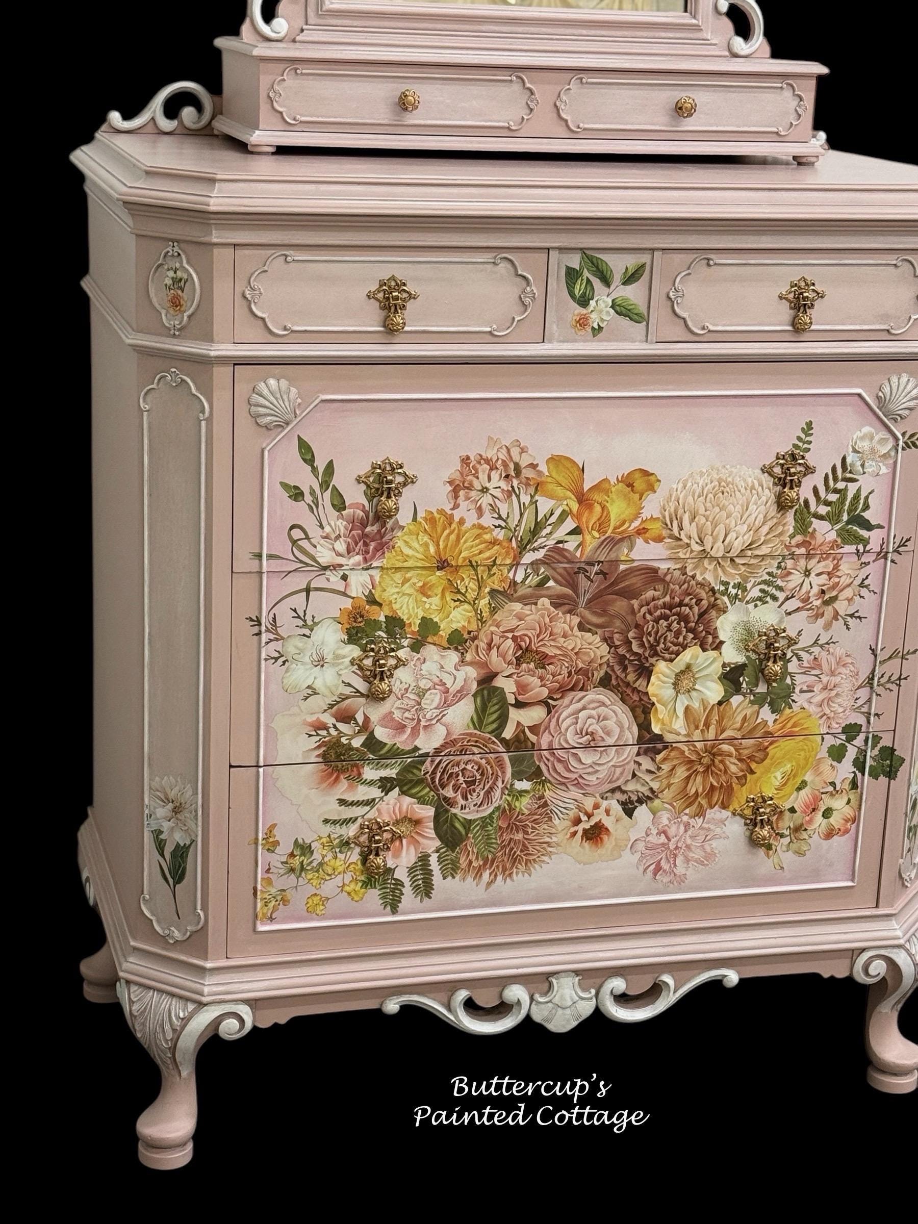 Antique Pink Floral Dresser With Mirror: French Country Shabby Chic - Etsy