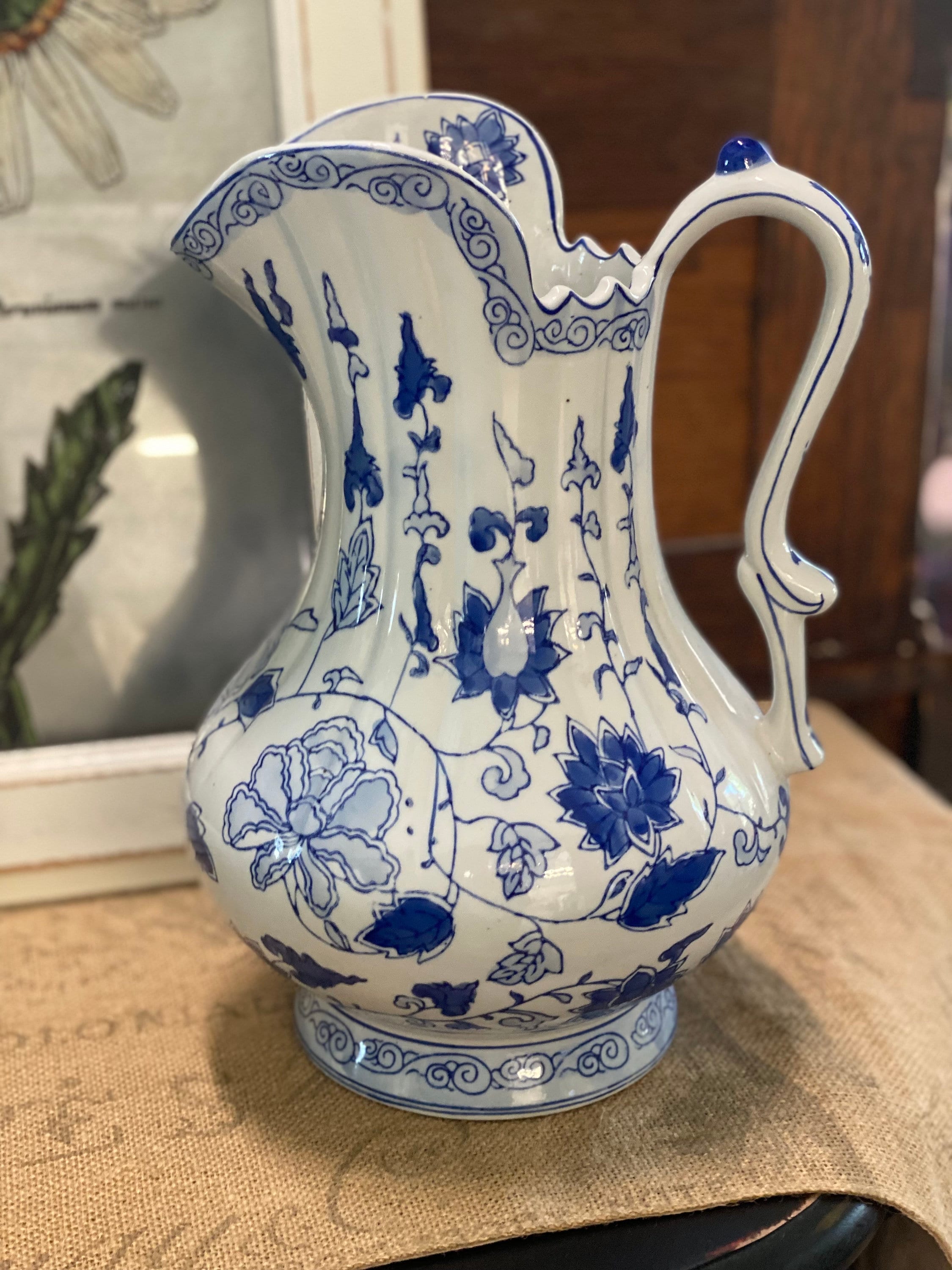 Vintage Andrea by Sadek Floral Pitcher: Blue and White Ceramic