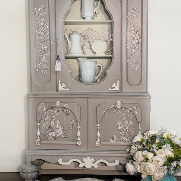 Jacobean solid wood china cabinet, antique taupe cabinet, toile, French Country dining room, painted furniture, display cabinet, home decor