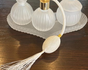 Vintage Frosted perfume bottles on a matching Heart shaped tray, glass perfume bottle, art glass, atomizer bottle