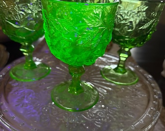 VIntage Madonna Inn Uranium Green Glass Wine 5” Goblet, Wild Rose Pattern