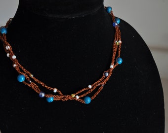 Collier 3 brins (Marron, Turquoise, Blanc, Bleu)
