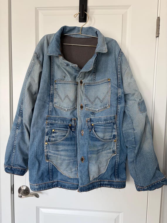 Upcycled Patchwork Denim Barn Coat: Fleece Lined Wrangler Chore Jacket