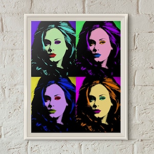 May include: A pop art style image of a woman with four different colored backgrounds. The woman has dark hair and is wearing makeup with bright colors. The backgrounds are purple, green, yellow, and pink.