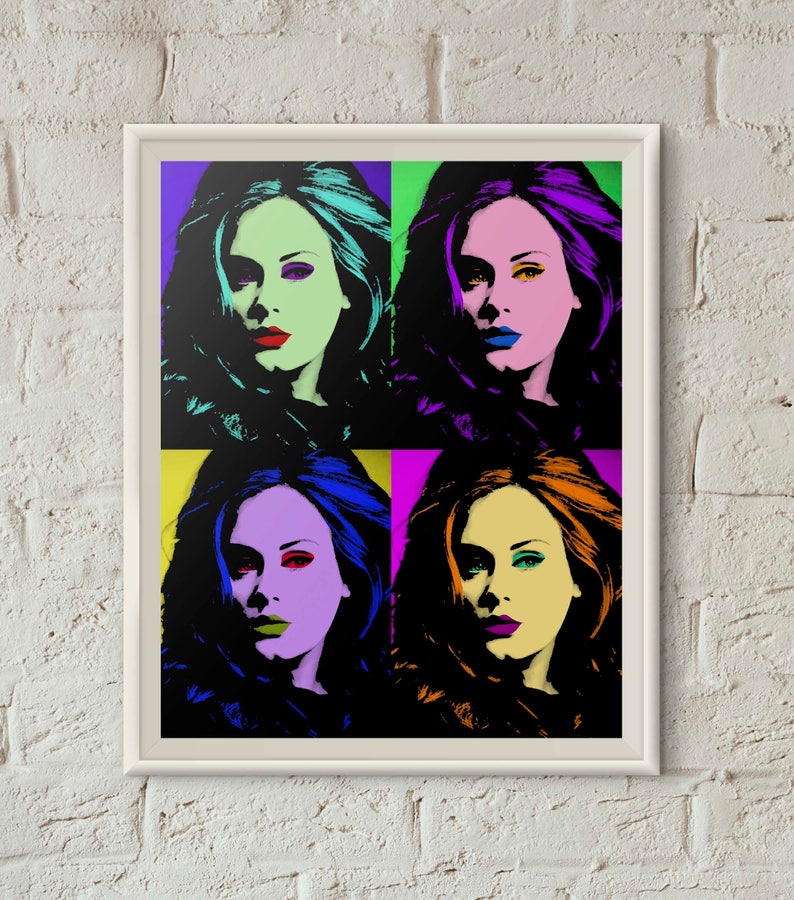 K&ouml;nnte beinhalten: Ein Bild im Pop-Art-Stil einer Frau mit vier verschiedenen Hintergrundfarben. Die Frau hat dunkles Haar und tr&auml;gt Make-up in leuchtenden Farben. Die Hintergr&uuml;nde sind lila, gr&uuml;n, gelb und rosa.