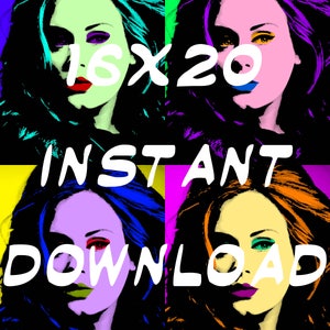 K&ouml;nnte beinhalten: Ein digitaler Kunstdruck mit einem Pop-Art-Bild einer Frau in leuchtenden Farben und kr&auml;ftigen Linien. Der Text "16x20 SOFORTIGER DOWNLOAD" ist &uuml;ber das Bild gelegt.