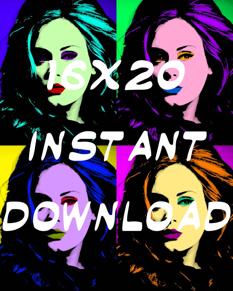 K&ouml;nnte beinhalten: Ein digitaler Kunstdruck mit einem Pop-Art-Bild einer Frau in leuchtenden Farben und kr&auml;ftigen Linien. Der Text "16x20 SOFORTIGER DOWNLOAD" ist &uuml;ber das Bild gelegt.