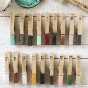 May include: Wooden clothespins with painted tips in various colors, numbered 1 through 18. Colors include teal, gray, brown, mint, burgundy, black, gold, silver, and more. Paint cans and a paintbrush are visible in the background.
