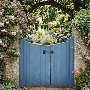 May include: A pair of blue wooden garden gates with vertical planks and a black metal latch, set between two stone pillars. The gates are framed by climbing pink and purple roses on the left and green ivy on the right, with a stone path.