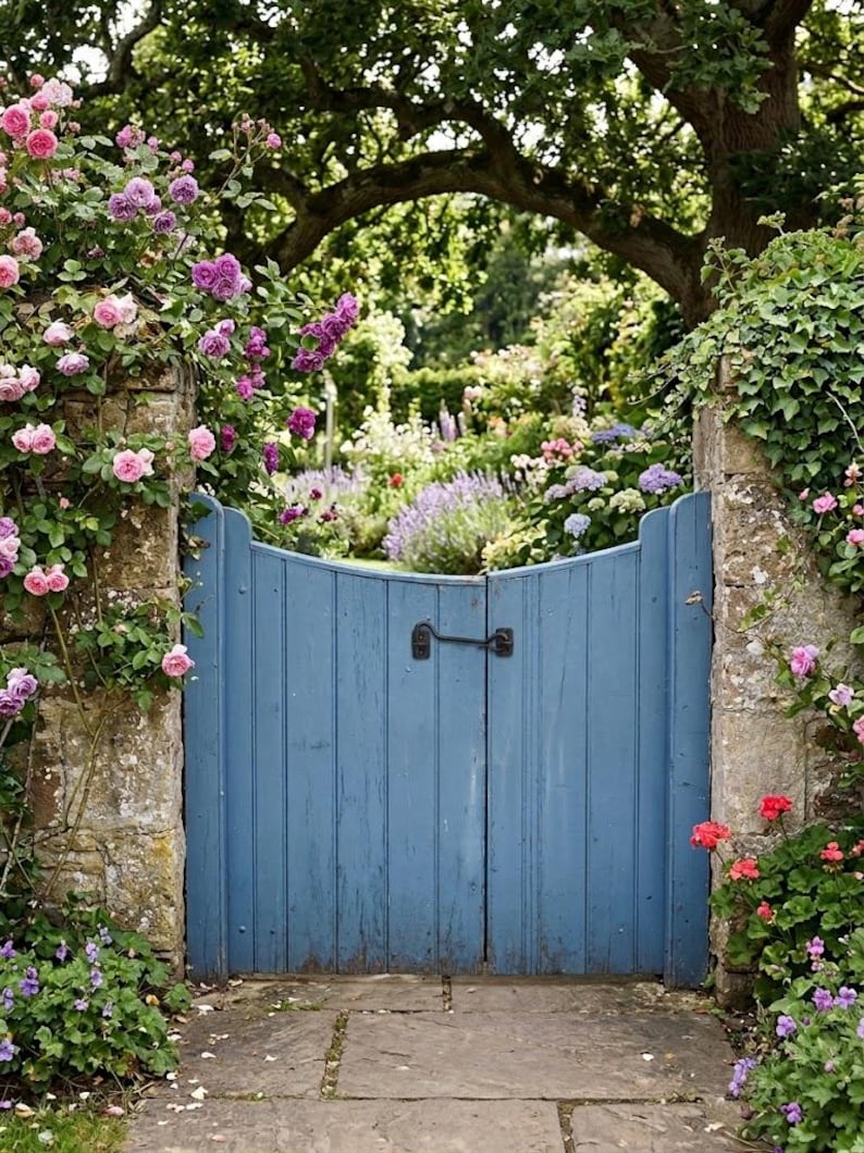 May include: A pair of blue wooden garden gates with vertical planks and a black metal latch, set between two stone pillars. The gates are framed by climbing pink and purple roses on the left and green ivy on the right, with a stone path.