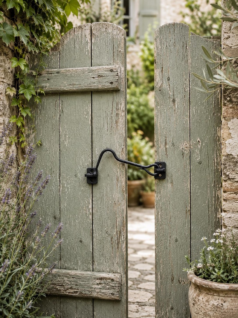May include: A weathered sage green wooden garden gate featuring vertical planks and horizontal support beams. A black metal cabin hook latch is secured across the center of the two gate panels, holding them in a slightly open position.