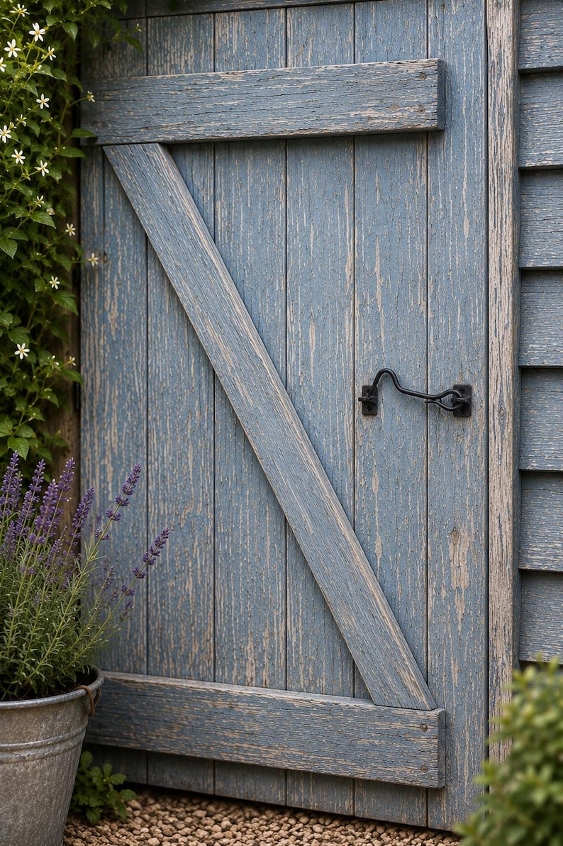 May include: A weathered blue wooden door featuring vertical planks, a diagonal brace, and a black metal cabin hook latch. The wood grain shows signs of wear with visible texture and paint distress, mounted within a matching blue siding frame.