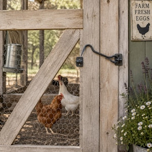 May include: A wooden chicken coop door with a black metal hook-and-eye latch, wire mesh paneling, and a rectangular sign reading FARM FRESH EGGS with a chicken silhouette. Inside the coop, a brown hen and a white hen stand on the dirt ground.