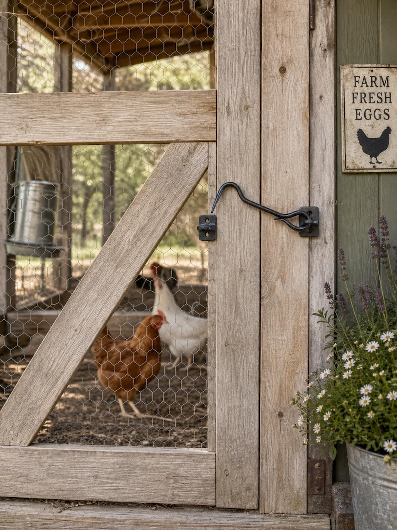 May include: A wooden chicken coop door with a black metal hook-and-eye latch, wire mesh paneling, and a rectangular sign reading FARM FRESH EGGS with a chicken silhouette. Inside the coop, a brown hen and a white hen stand on the dirt ground.