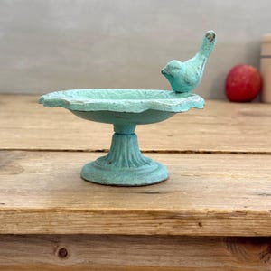 May include: A weathered, turquoise-colored bird bath with a small bird perched on the rim. The bird bath has a pedestal base and a scalloped edge. The bird bath is made of metal and sits on a wooden surface.