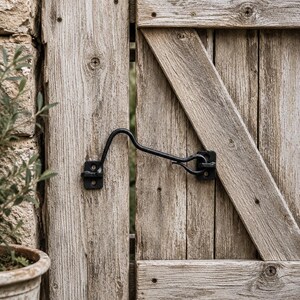 May include: A black metal cabin hook latch installed on a weathered wooden gate. The latch features a curved hook arm that secures into a mounting plate, both attached with visible screws to the vertical planks of the gray, textured wood door.