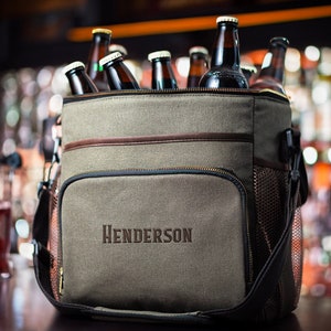 Personalized Groomsmen Gift Large Beer Cooler, 12 Bottle Cooler Bag, Soft Insulated Canvas Cooler Set, Olive Golf Cooler with Leather Trim