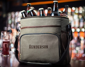 Personalized Groomsmen Gift Large Beer Cooler, 12 Bottle Cooler Bag, Soft Insulated Canvas Cooler Set, Olive Golf Cooler with Leather Trim